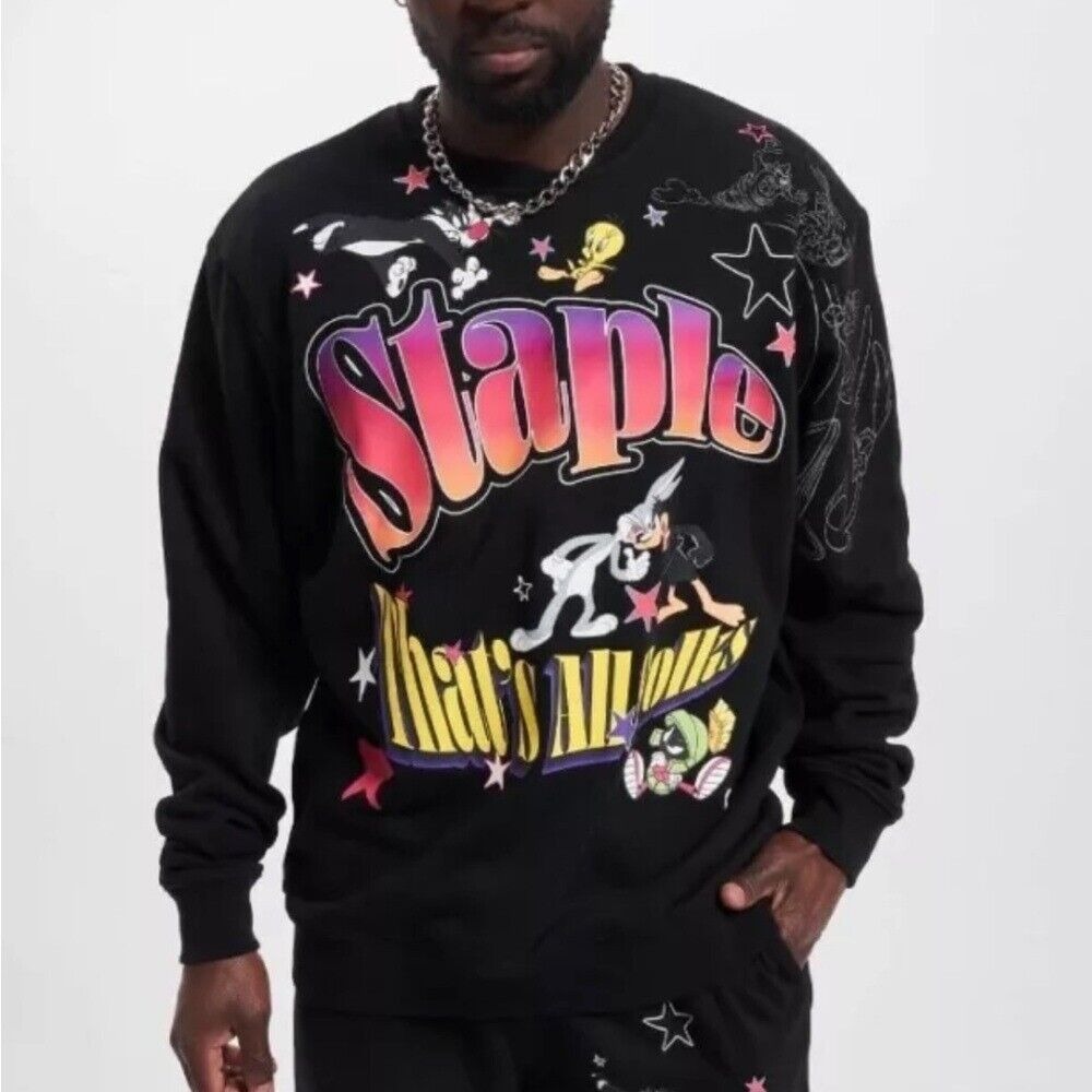 Staple Black Crewneck Sweater with Multicolor Graphics
